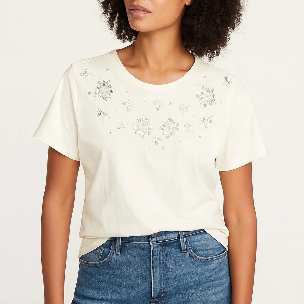 J. Crew White Embellished Short Sleeve Tee